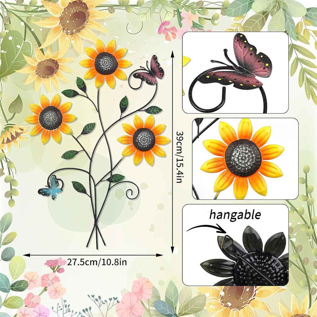 Metal Sunflower Wall Decor with Butterfly 3D Colorful Outdoor Wall Art
