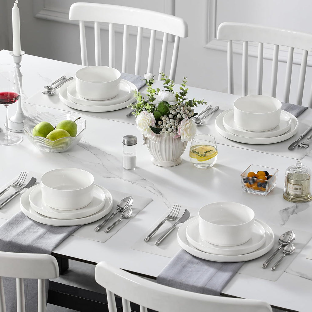 MALACASA 12-Piece Porcelain Dinnerware Set, Modern White Dish Set for 4