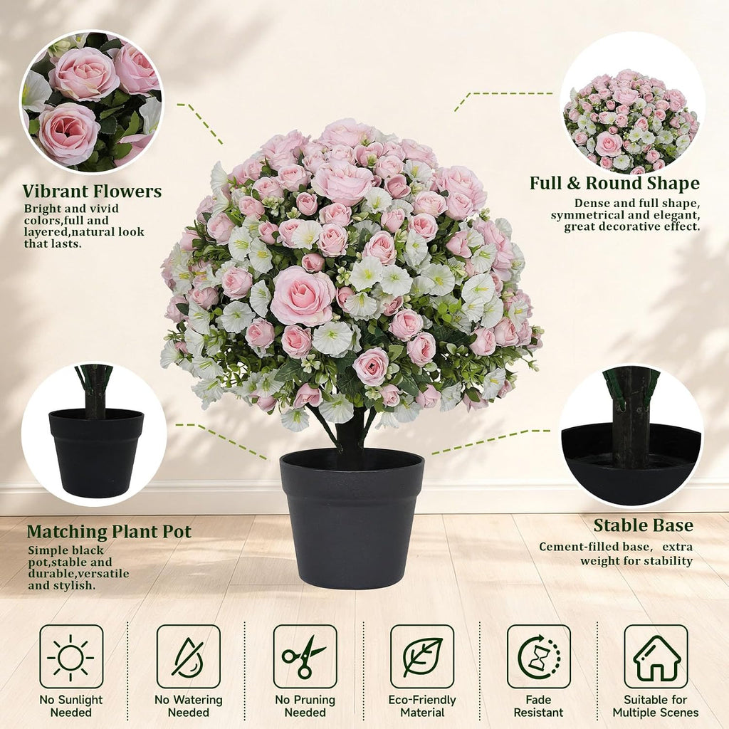 24" Artificial Potted Flowers for Outdoors, Silk Rose Faux Plants