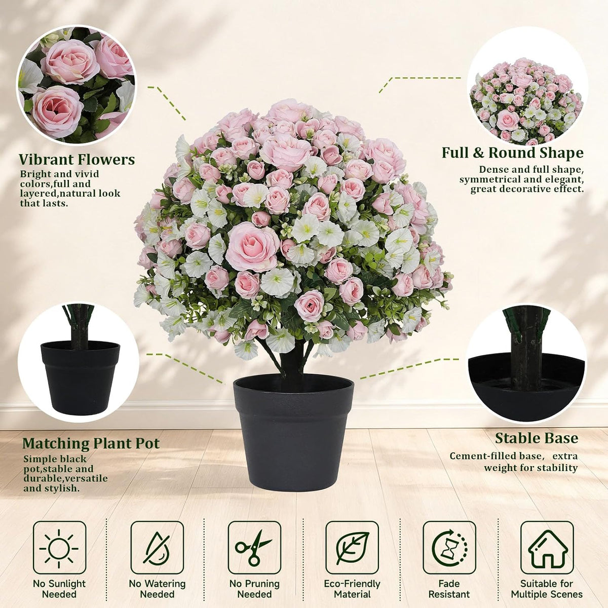 24" Artificial Potted Flowers for Outdoors, Silk Rose Faux Plants