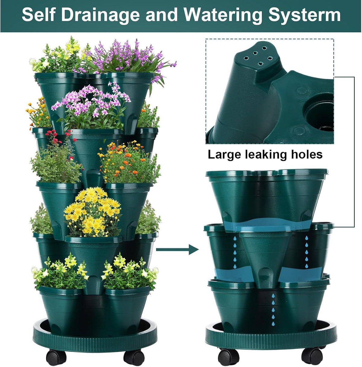 Umigy 2 Set 5 Tier Stackable Planters Vertical Garden Planters, Dark Green