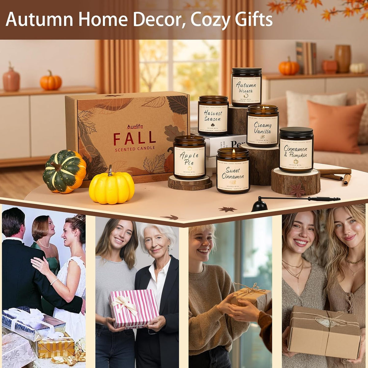 Auelife Fall Candles, 6 Pack Scented Candle Set, 42 oz Holiday Soy Candles, Candle Gifts Set for Men and Women, Home Decor of Wreath/Apple/Latte/Harvest/Vanilla/Cinnamon