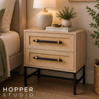 Sophia 2-Drawer Nightstand in Natural Oak Look with Rattan Panels and Minimalist Black Metal Frame- Perfect Bedroom Storage for Small Spaces, Large Suites, or Living Rooms