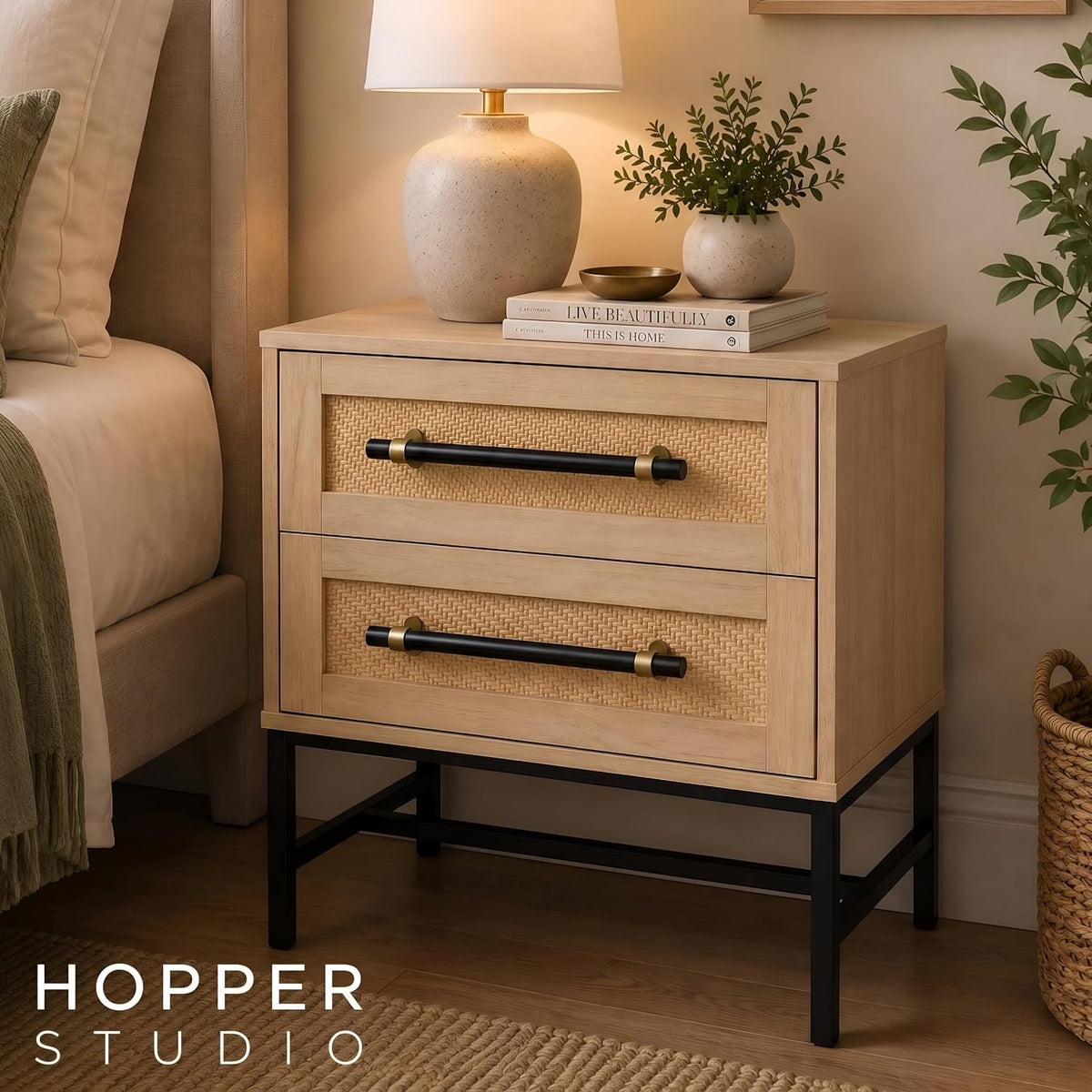 Sophia 2-Drawer Nightstand in Natural Oak Look with Rattan Panels and Minimalist Black Metal Frame- Perfect Bedroom Storage for Small Spaces, Large Suites, or Living Rooms