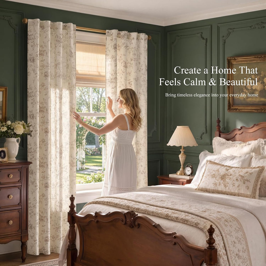 Vangao Taupe Floral Linen Curtains for Living Room 84L 2 Panels for Bedroom