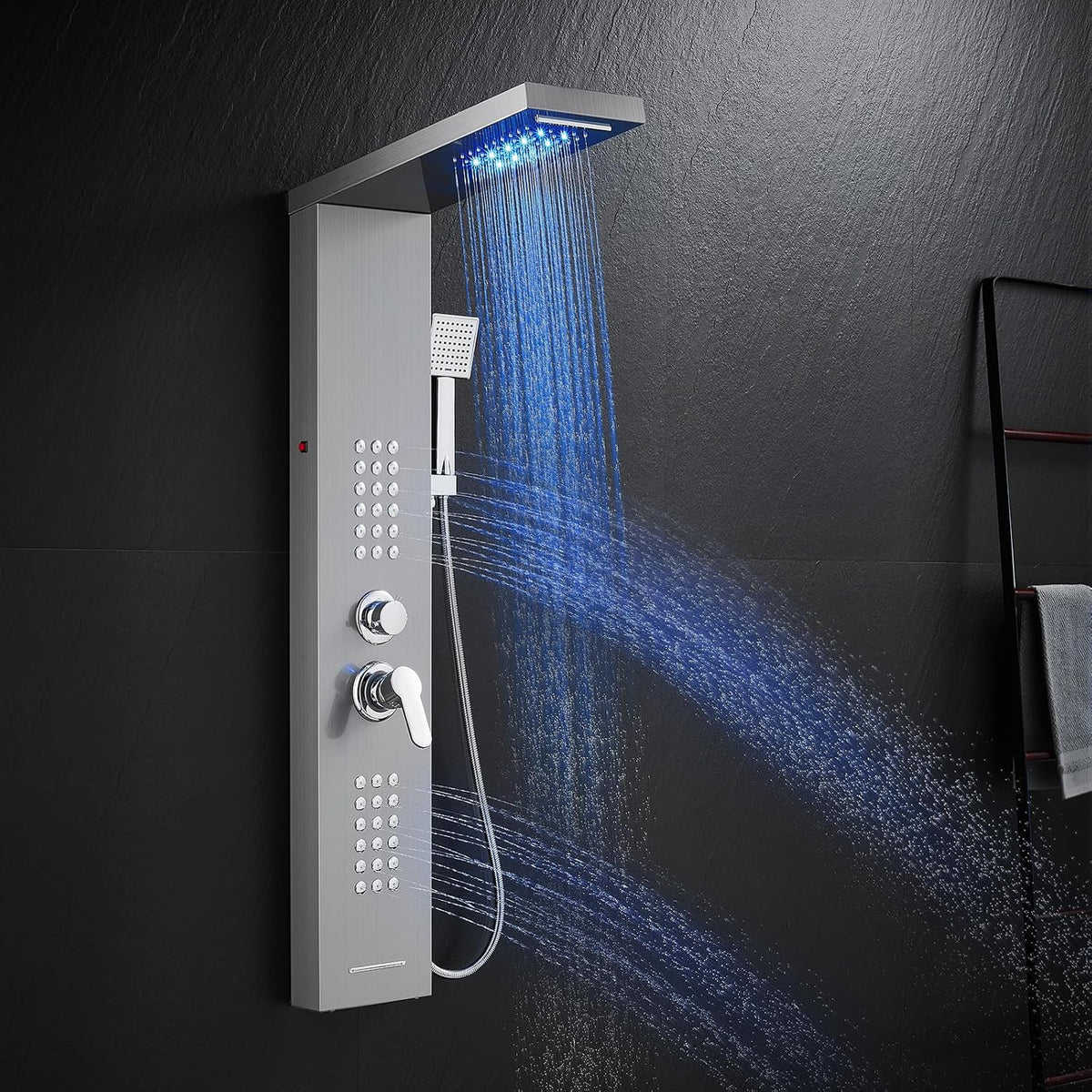 ROVATE 5 in 1 Shower Panel Tower System with LED Lights, Brushed