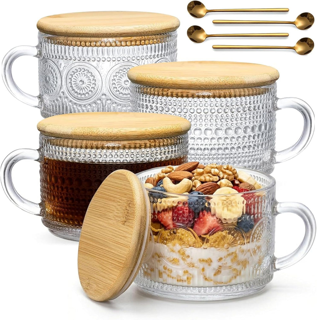 DOPUDO Vintage Glass Coffee Mugs, Overnight Oats Containers With Lids,Glass Cup With Sealed Lid and Spoon,Glass Coffee Mugs, Coffee Bar Accessories, Ideal for Cappuccino, Latte(2-Pack,14oz)