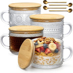 DOPUDO Vintage Glass Coffee Mugs, Overnight Oats Containers With Lids,Glass Cup With Sealed Lid and Spoon,Glass Coffee Mugs, Coffee Bar Accessories, Ideal for Cappuccino, Latte(2-Pack,14oz)