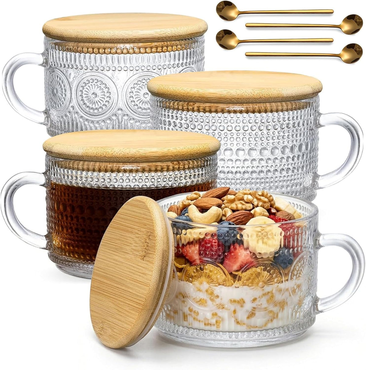 DOPUDO Vintage Glass Coffee Mugs, Overnight Oats Containers With Lids,Glass Cup With Sealed Lid and Spoon,Glass Coffee Mugs, Coffee Bar Accessories, Ideal for Cappuccino, Latte(2-Pack,14oz)