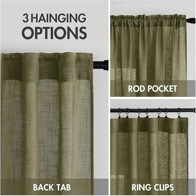 MIULEE Light Olive Green Linen Curtains 90 Inch Long 2 Panels - Image 3