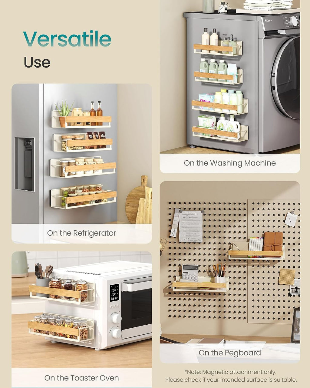 SONGMICS 4-Pack Strong Magnetic Real Bamboo Spice Racks for Fridge