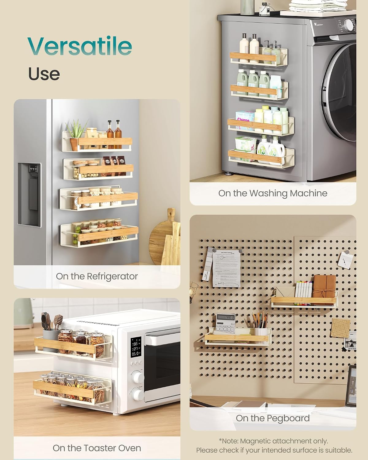 SONGMICS 4-Pack Strong Magnetic Real Bamboo Spice Racks for Fridge