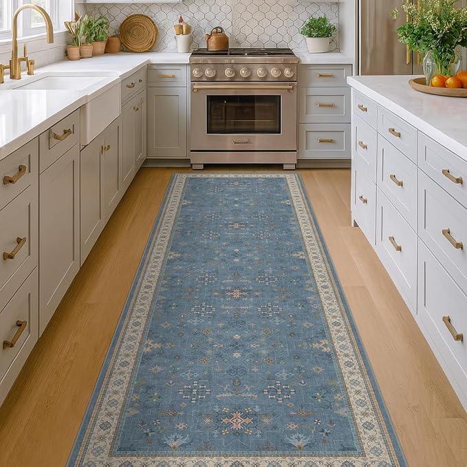 Boho 2'6"x10' Wide Runner Rugs for Hallway Non Skid- 10ft Light Blue Washable - Image 6