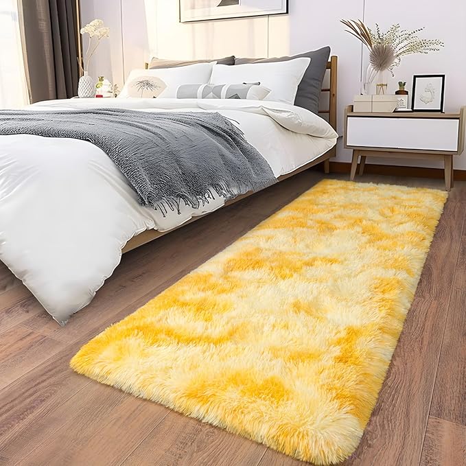 Soft Runner Rugs for Bedroom Hallways, 2x6 Tie-Dyed Yellow Fluffy Shag Throw - Image 7