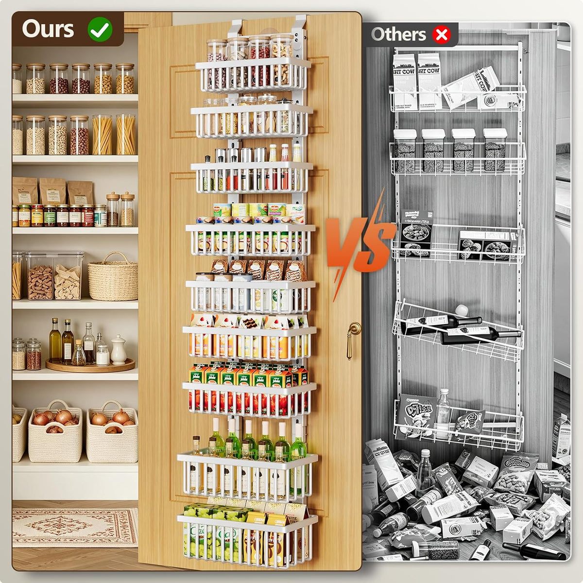 9 Tier Narrow Over The Door Pantry Organizer, 2 in 1 Wall Mount or Hanging Spice Rack with Adjustable Deep Basket, Heavy-Duty Seasoning Organizer and Storage for Kitchen Closet Bathroom (White)