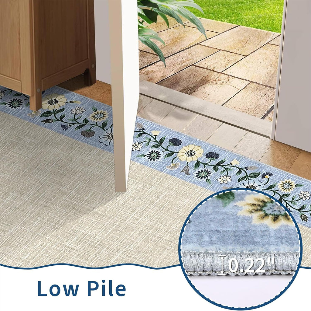GarveeHome Entryway Rug 2x6 Modern Bordered Runner Rug Washable Kitchen Runners for Hallway Non-Slip Low-Pile Soft Carpet Floral Print Bathroom Mat for Bedroom Laundry Room, Beige