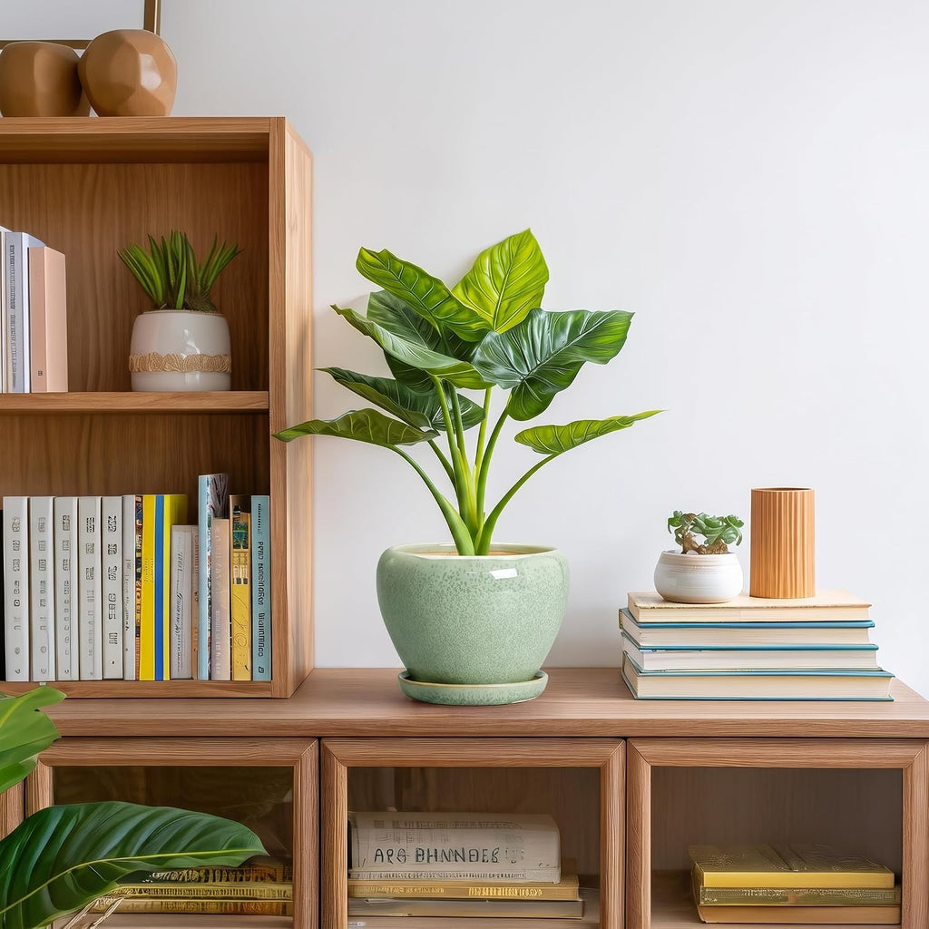 Ceramic Plant Pots 6 Inch, Ceramic Planter with Drainage, Green