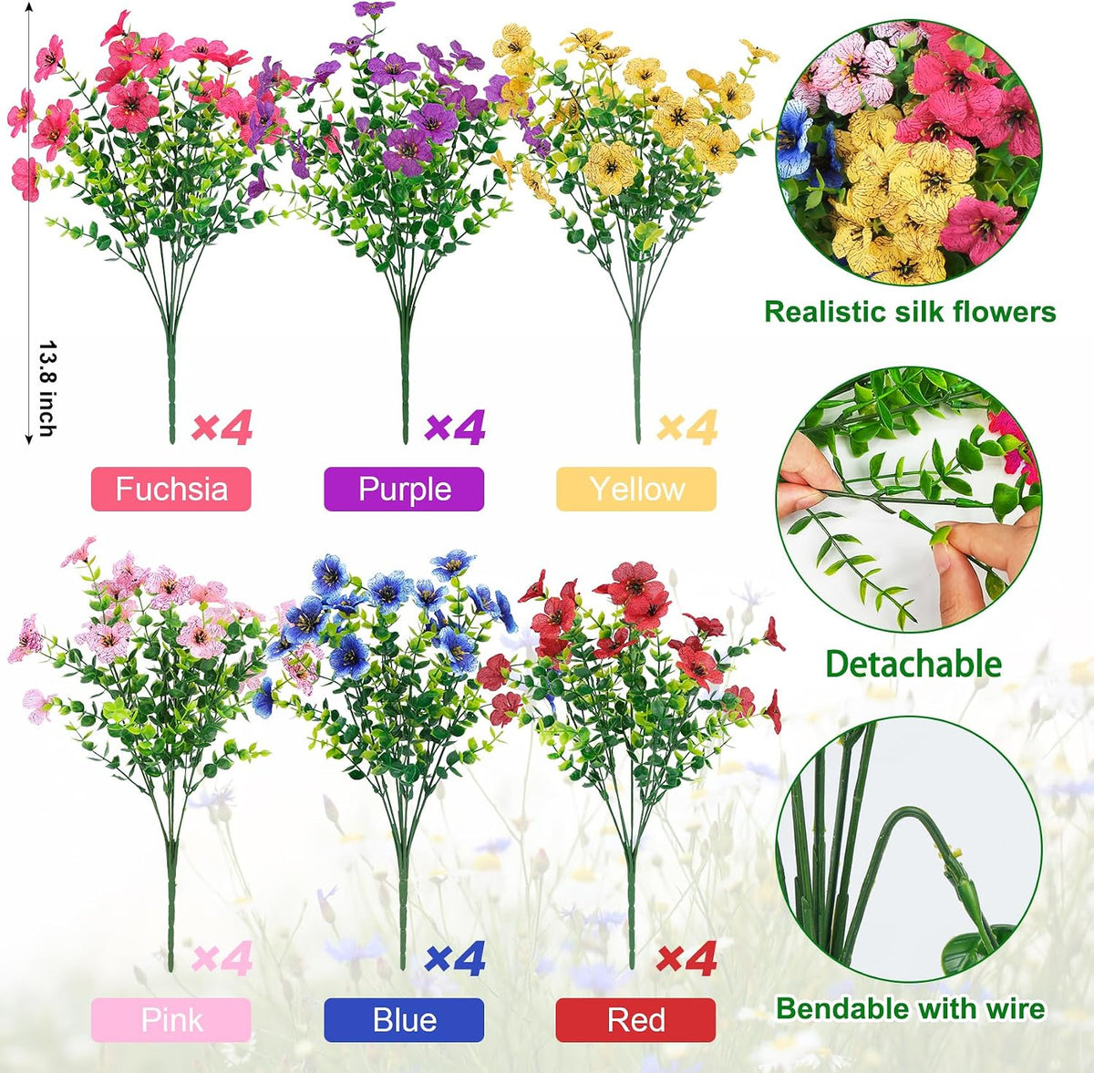 Ouddy Decor 24 Pcs Artificial Flowers for Outdoors Decorations, Multicolor