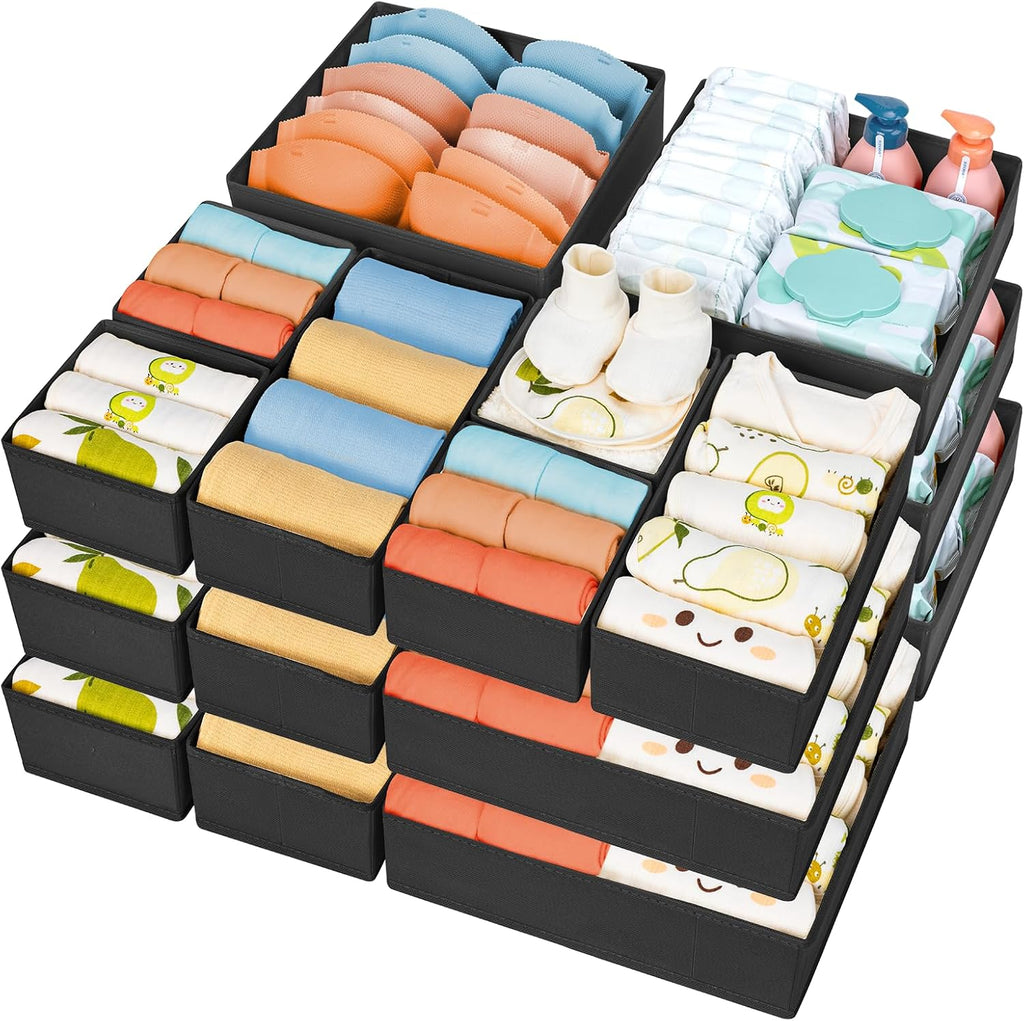DIMJ Drawer Organizer 15 Pack - Foldable Baby Organizers and Storage & Dresser Organizer for Nursery, Bedroom, Closet - Nursery Organization Dresser Dividers for underwear, Sock,Bra, Belt, Tie，Black