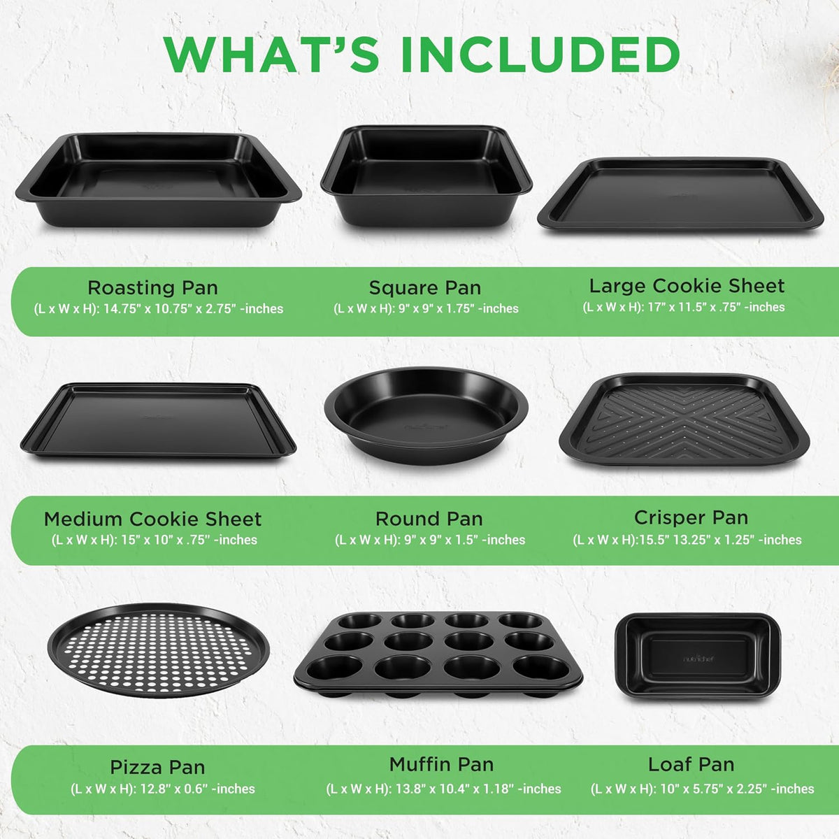 10-Piece Nonstick Bakeware Set - PFOA PFOS PTFE Free Food Grade Safe Carbon Steel Baking Tray Set - Oven Safe Up to 446°F, Pizza, Loaf, Muffin, Round/Square Pans, Cookie Sheet, Etc - NutriChef NCBS10S