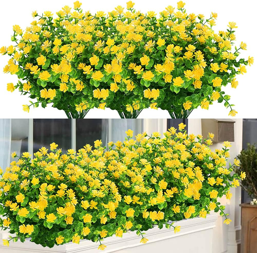 6 Bundles Outdoor Artificial Flowers UV Resistant Fake Boxwood Plants, Faux Plastic Greenery for Indoor Outside Hanging Plants Garden Porch Window Box Home Wedding Farmhouse Decor (Yellow)