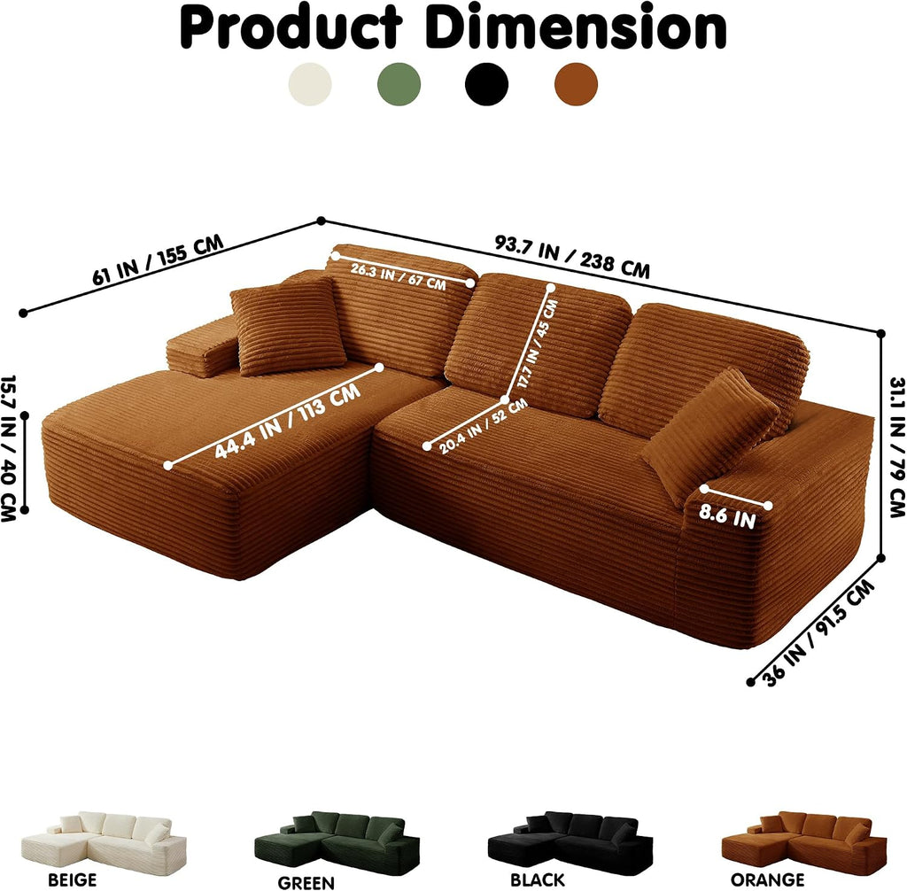 Modular Sectional Sofa, Convertible Sofa Bed, No Assembly Required Cloud Couch with Deep Seat, Modern L-Shaped Boneless Sofa for Living Room (Orange)