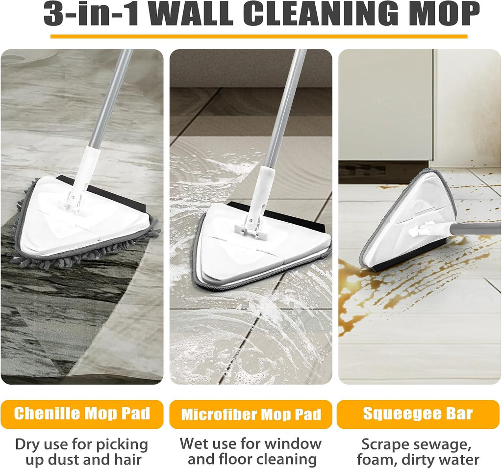 JEHONN Wall Mop with Long Handle 80 inches, Upgraded 180° Collapsible Baseboard Cleaner Tool with Squeegee, Ceiling Duster with 1 Microfiber and 1 Chenille Pad for Cleaning Window, Cabinet (White)