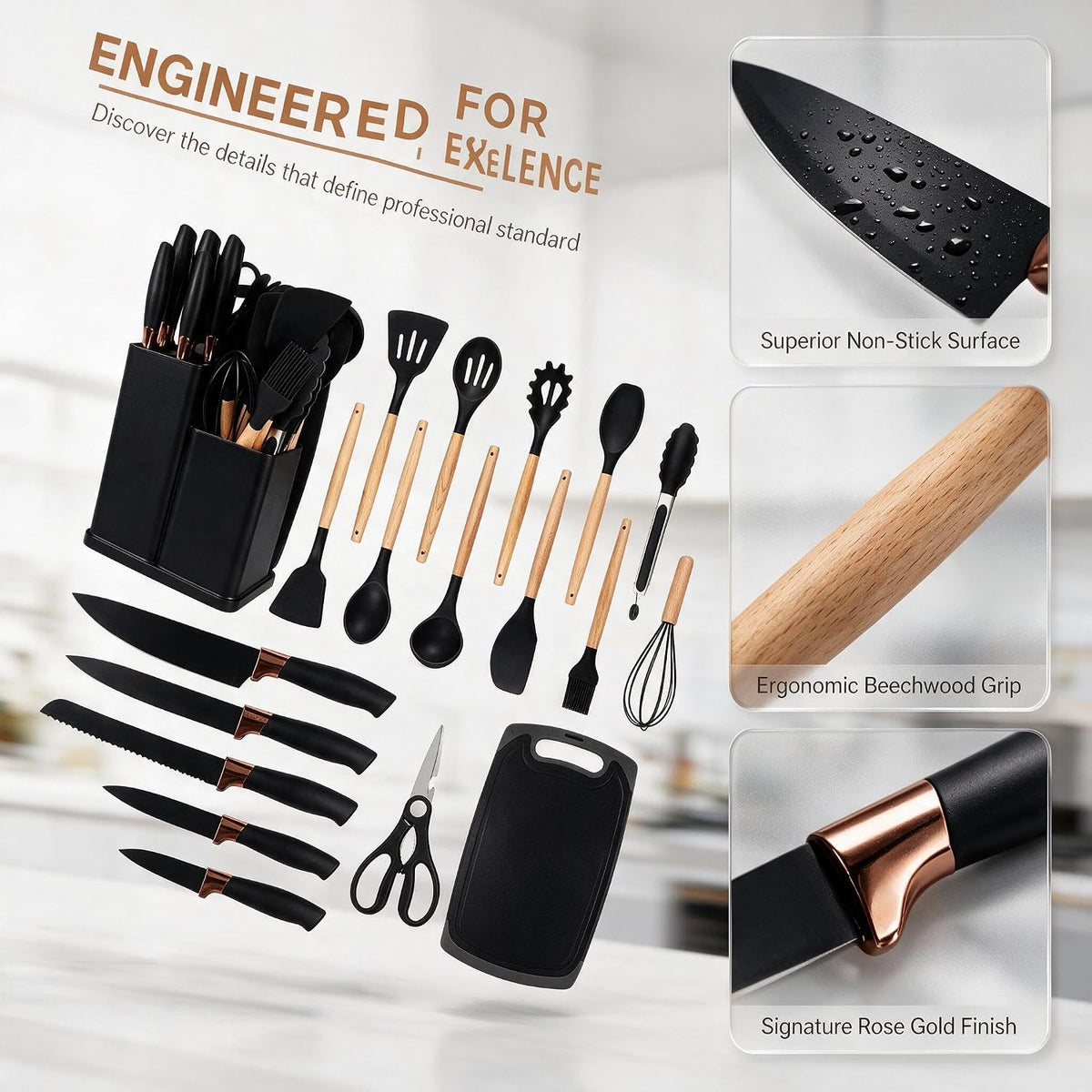 19-Piece Silicone Skitchen Utensils Set, Heat-Resistant Nonstick