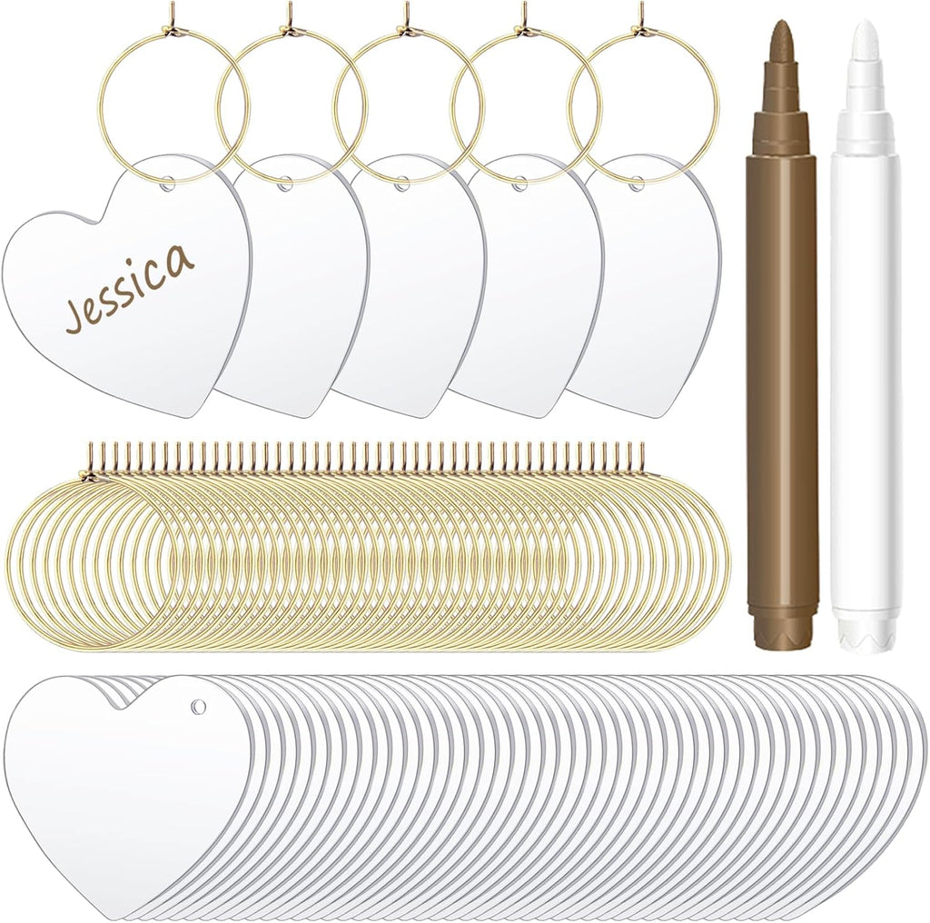 50Pcs Acrylic Blank Wine Charms for Goblet With 2 Pearl Marker Pen for Cocktail Champagne Stem Bulk DIY Blank Labels for Wedding Party Dinner