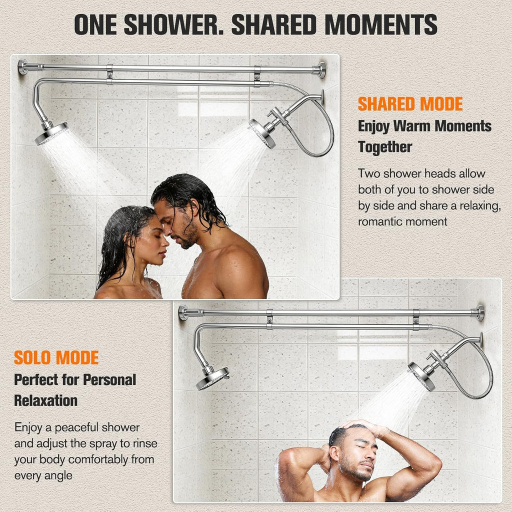 Tandem Shower System for Couples, Dual Shower Head for Two People, Double Bathroom Shower with Adjustable Height & 180° Rotation, High Pressure Design, Silver