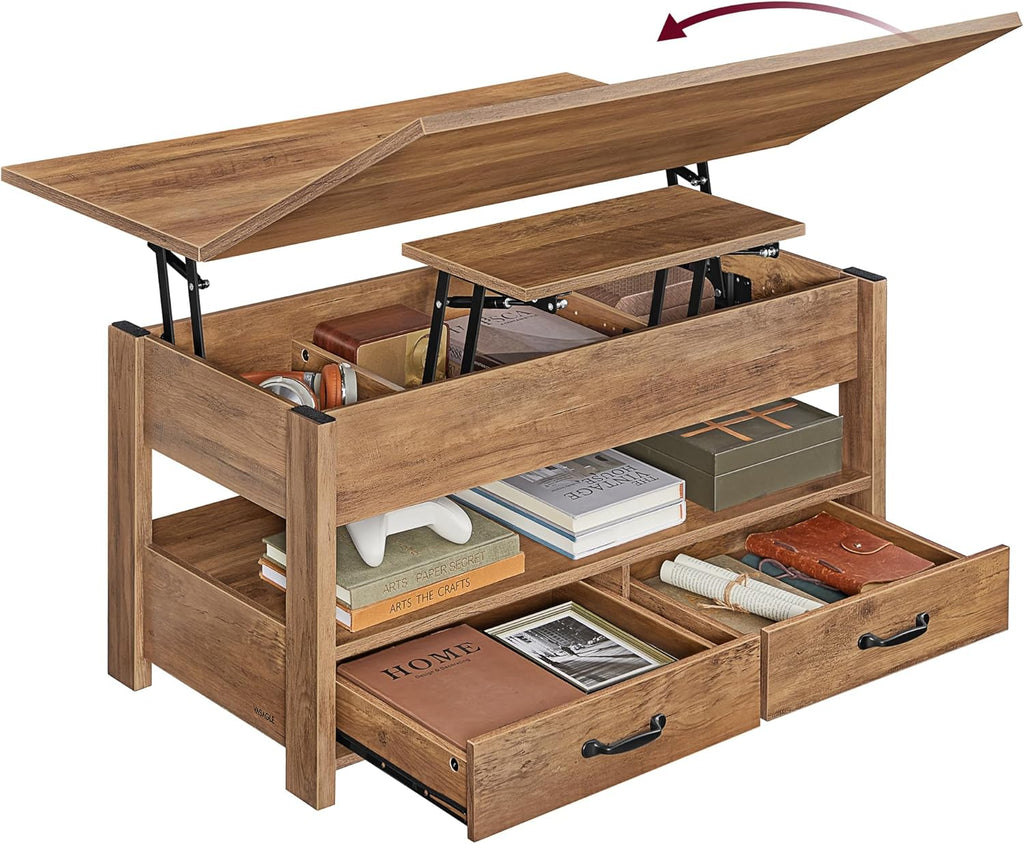 VASAGLE Lift Top Coffee Table, 3 in 1 Center Table with Storage, 2 Drawers