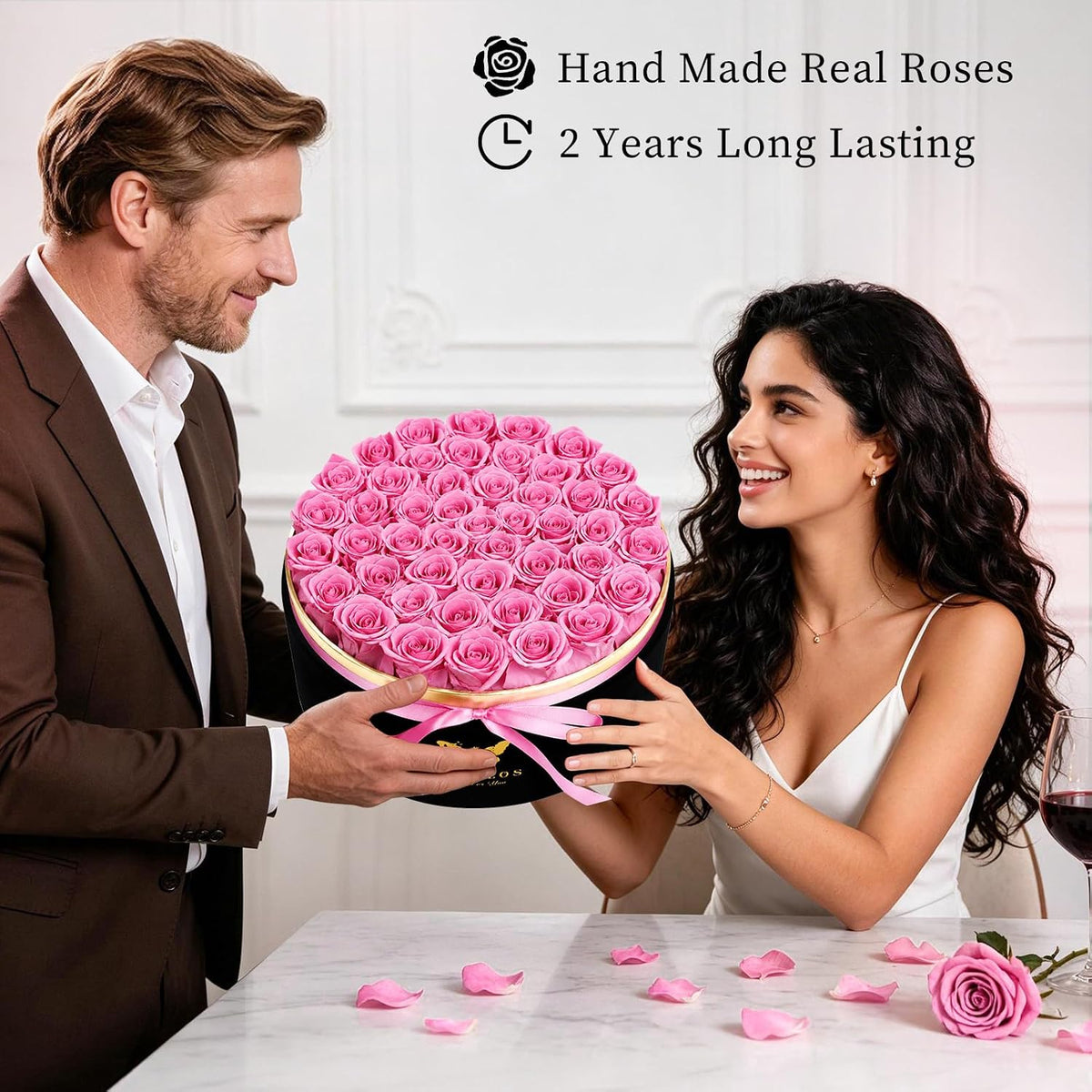 47 Pieces Forever Flower Round Shape in a Box Preserved Pink Roses for Delivery Grade A Quality 100% Real Immortal Flowers Eternal Birthday for Her Mom Women Wife Girlfriends（Pink）