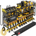 Power Tool Organizer Wall Mount with Charging Station, 4 Tier Tool Battery Storage Rack Built in 8 Outlet Power Strip for Garage, 49" W, Black Wood
