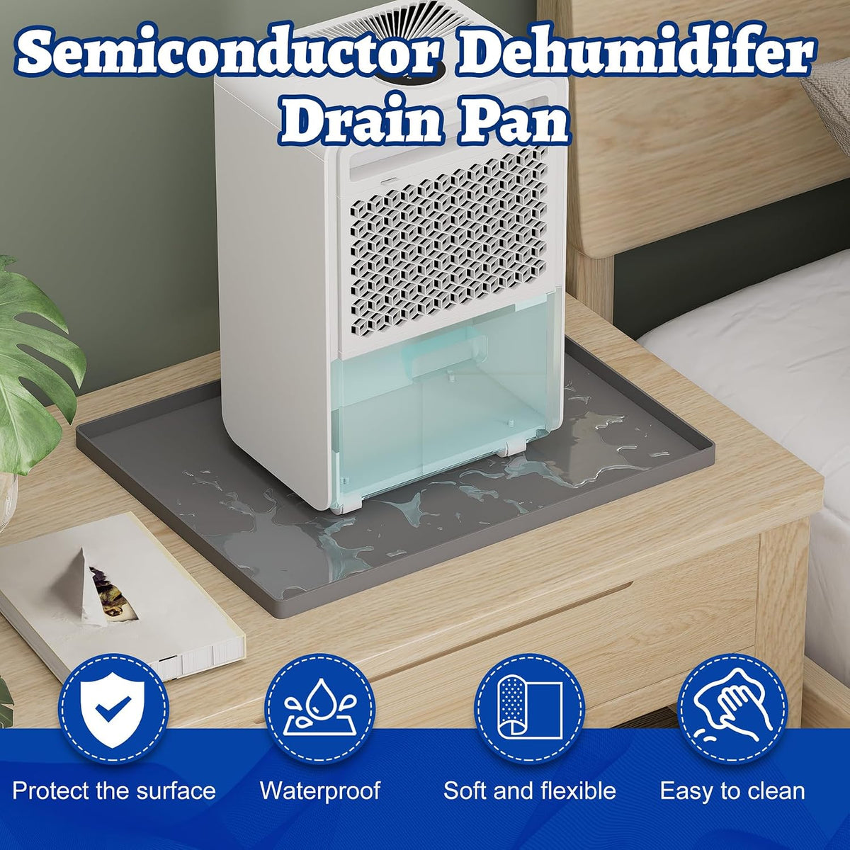 Dehumidifier Mat for Home Dehumidifiers, Mini Dehumidifier Drain Pan Prevent Leaks, Waterproof De humidifier Tray, Non-Slip Drain Mat Prevents Water from Pooling Underneath, Grey, 12"x10"