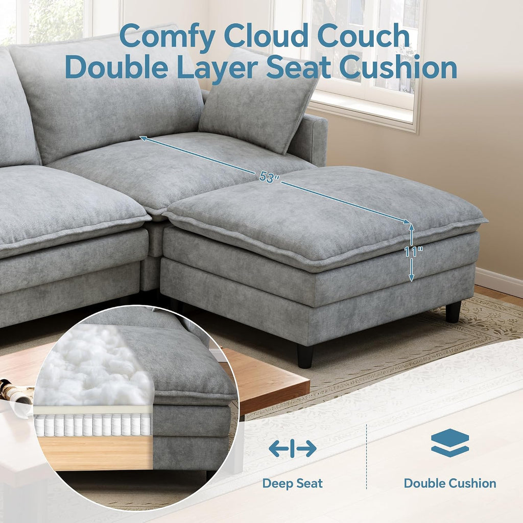 102'' L-Shaped Cloud Couch Sectional Sofa for Living Room, Light Gray