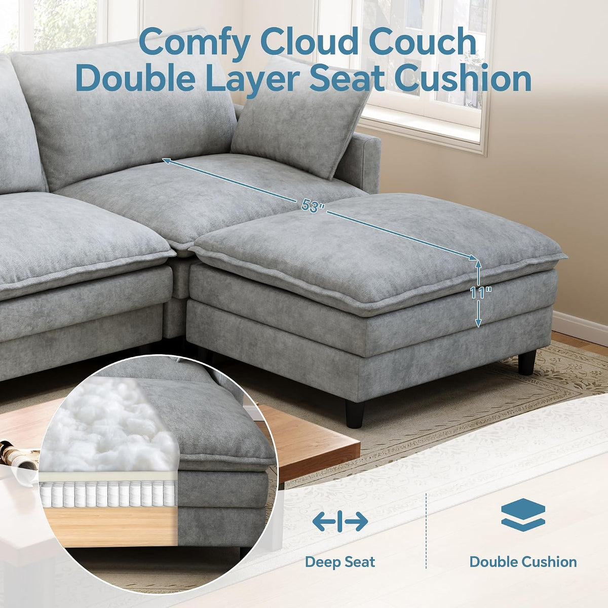102'' L-Shaped Cloud Couch Sectional Sofa for Living Room, Light Gray