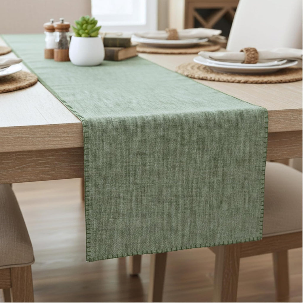 Short Coffee Table Runner Cotton Modern Kitchen Table Runner with Decorative Stitch at Edge Dresser Scarf Dining Table Washable Cloth Small Furniture Top Cover 14"x48" Green