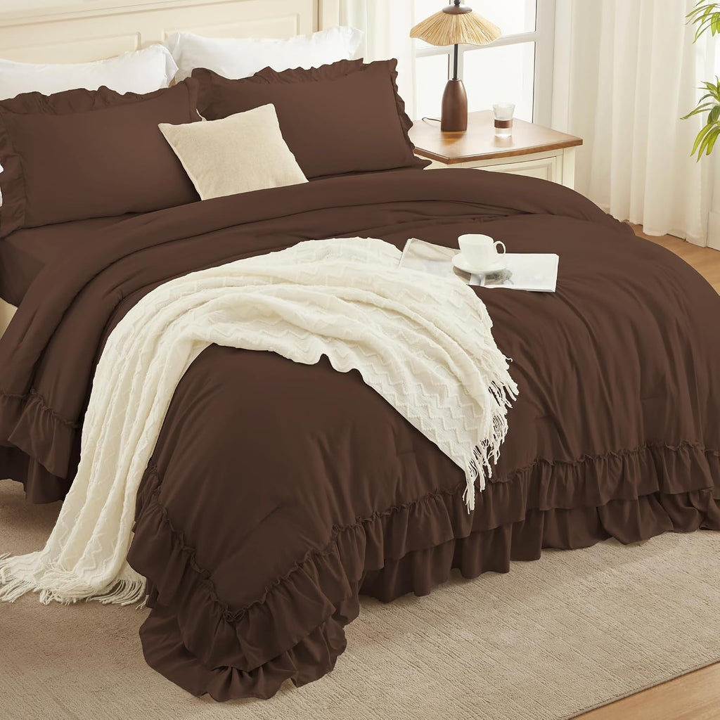 Andency Brown Twin Size Ruffle Comforter Set, 2 Pieces