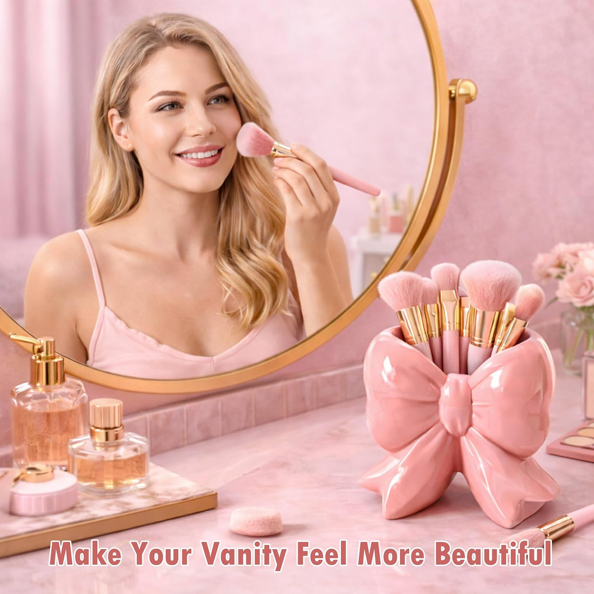 Pink Bow Toothbrush Holder, Ceramic Makeup Brush Holder & Bathroom Decor