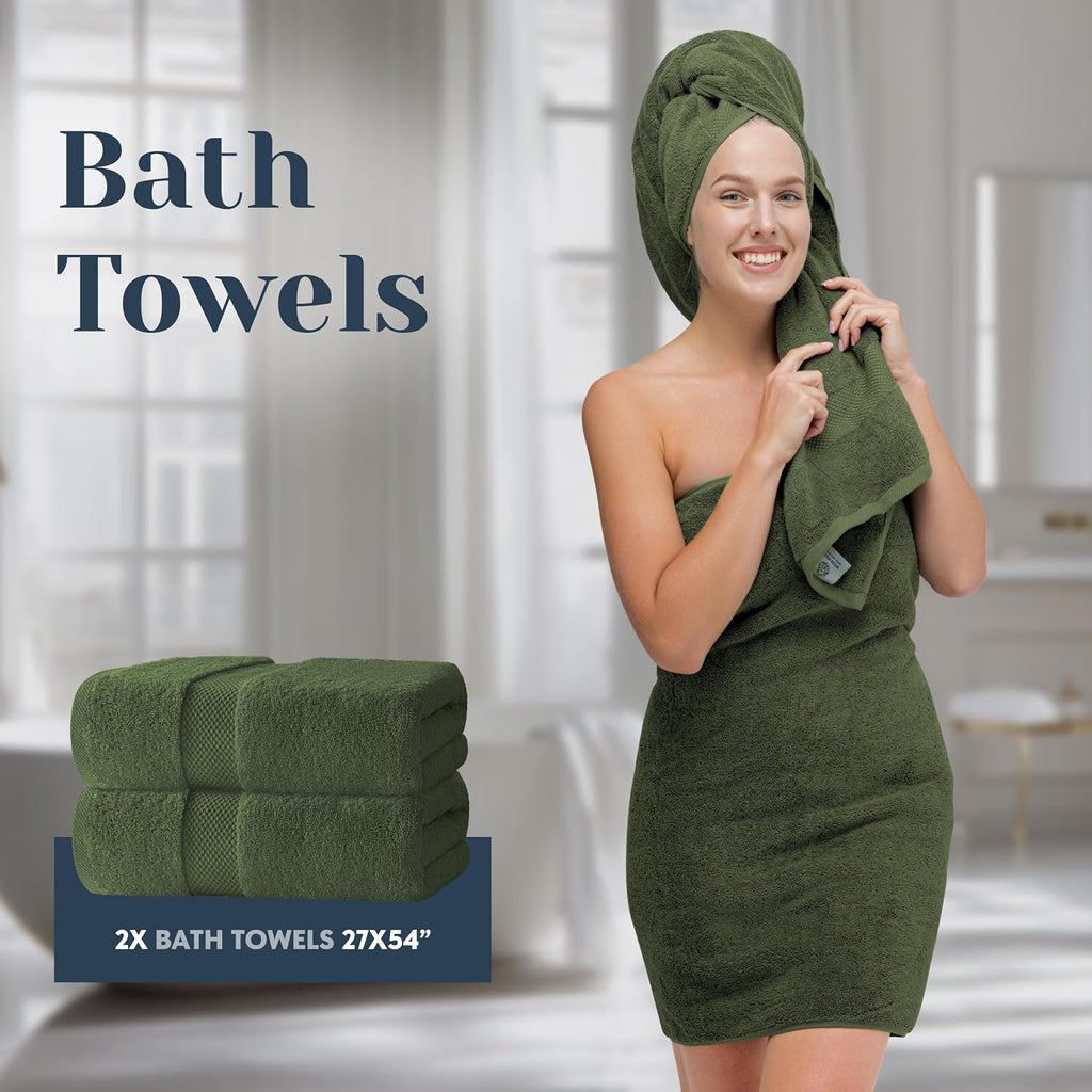 White Classic Luxury Forest Green Bath Towel Set of 8-100% Turkish Cotton