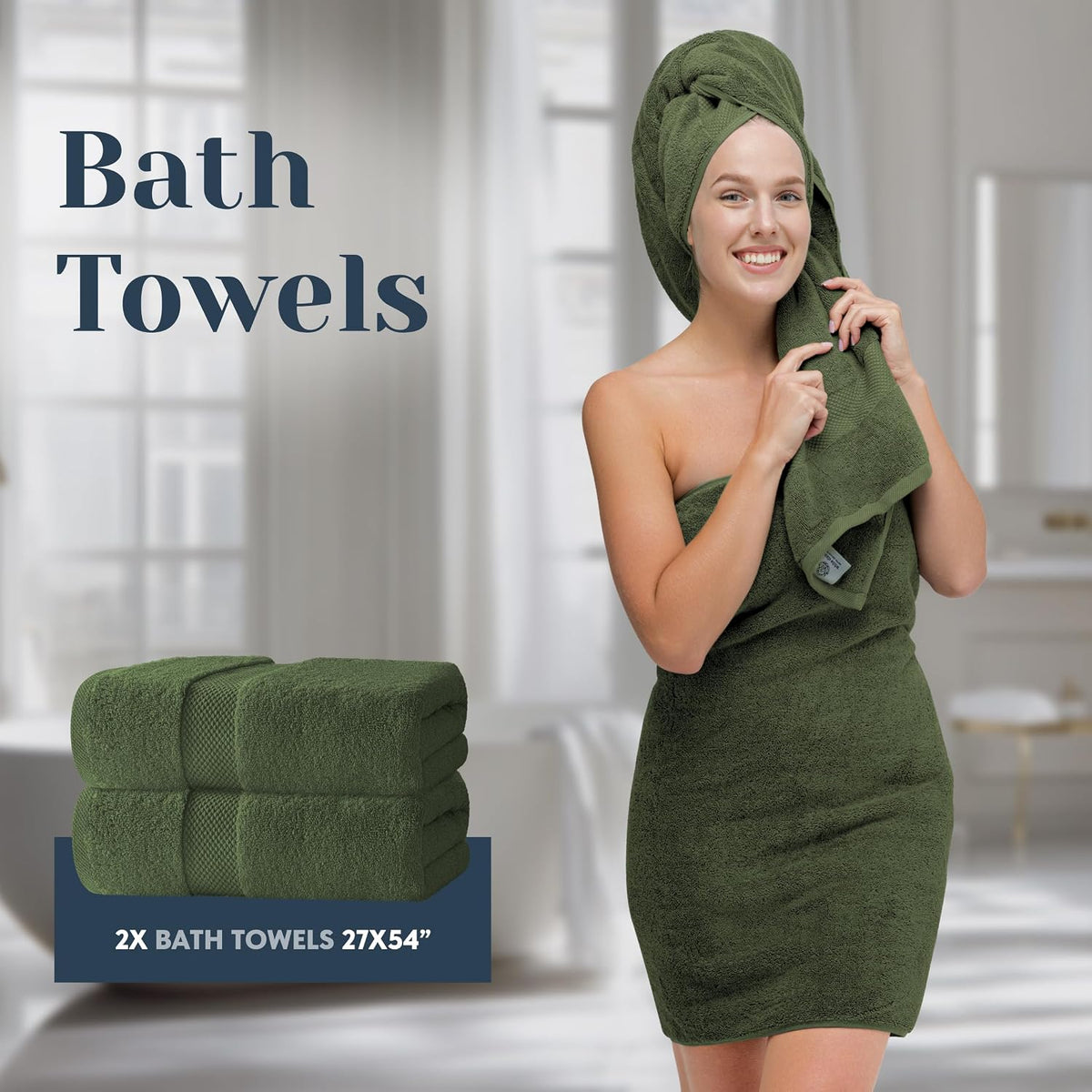 White Classic Luxury Forest Green Bath Towel Set of 8-100% Turkish Cotton