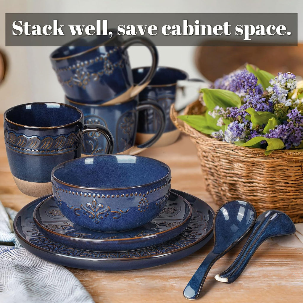 Artena 24-Piece Handcrafted Ceramic Dinnerware Set, Service for 6 – Reactive Glaze Embossed Plates, Bowls & Soup Spoons Included, Dishwasher & Microwave Safe, Blue, Damask Floral