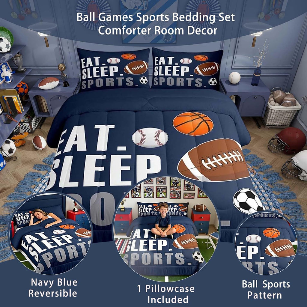 Feelyou Football Comforter Set Twin Size Kids Basketball Baseball Soccer Comforter for Boys Girls Sports Theme Bedding Set Breathable Soft Navy Blue Duvet Quilted Ball Game Room Decor