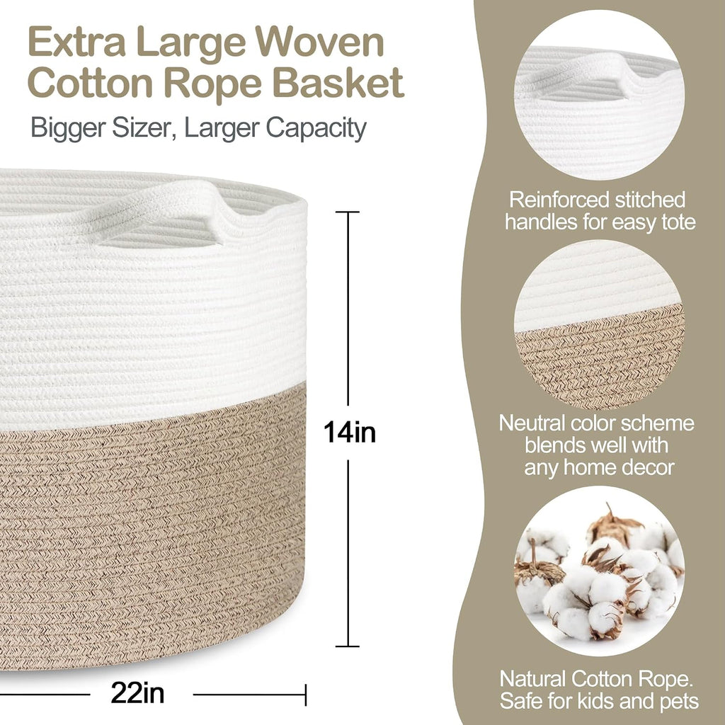 Large Rope Storage Basket, 22" X 22" X 14" Extra Large Woven Baskets for Storage, Cotton Rope Basket for Blankets Toys, Wicker Storage Baskets for Organizing, Wicker Laundry Basket Hamper