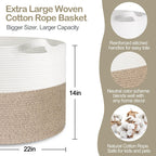 Large Rope Storage Basket, 22" X 22" X 14" Extra Large Woven Baskets for Storage, Cotton Rope Basket for Blankets Toys, Wicker Storage Baskets for Organizing, Wicker Laundry Basket Hamper