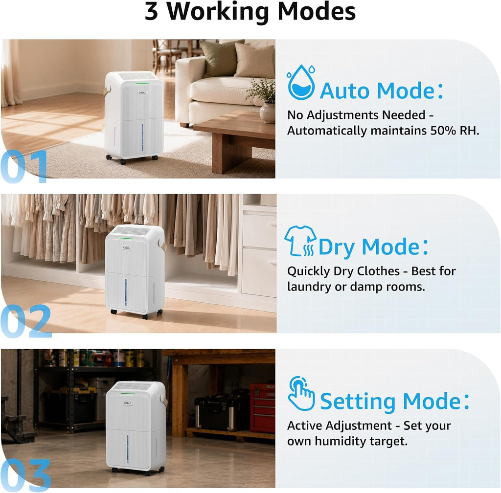 KNKA 2500 Ft² Max 34 Pints Dehumidifier for Basement with Drain Hose, White