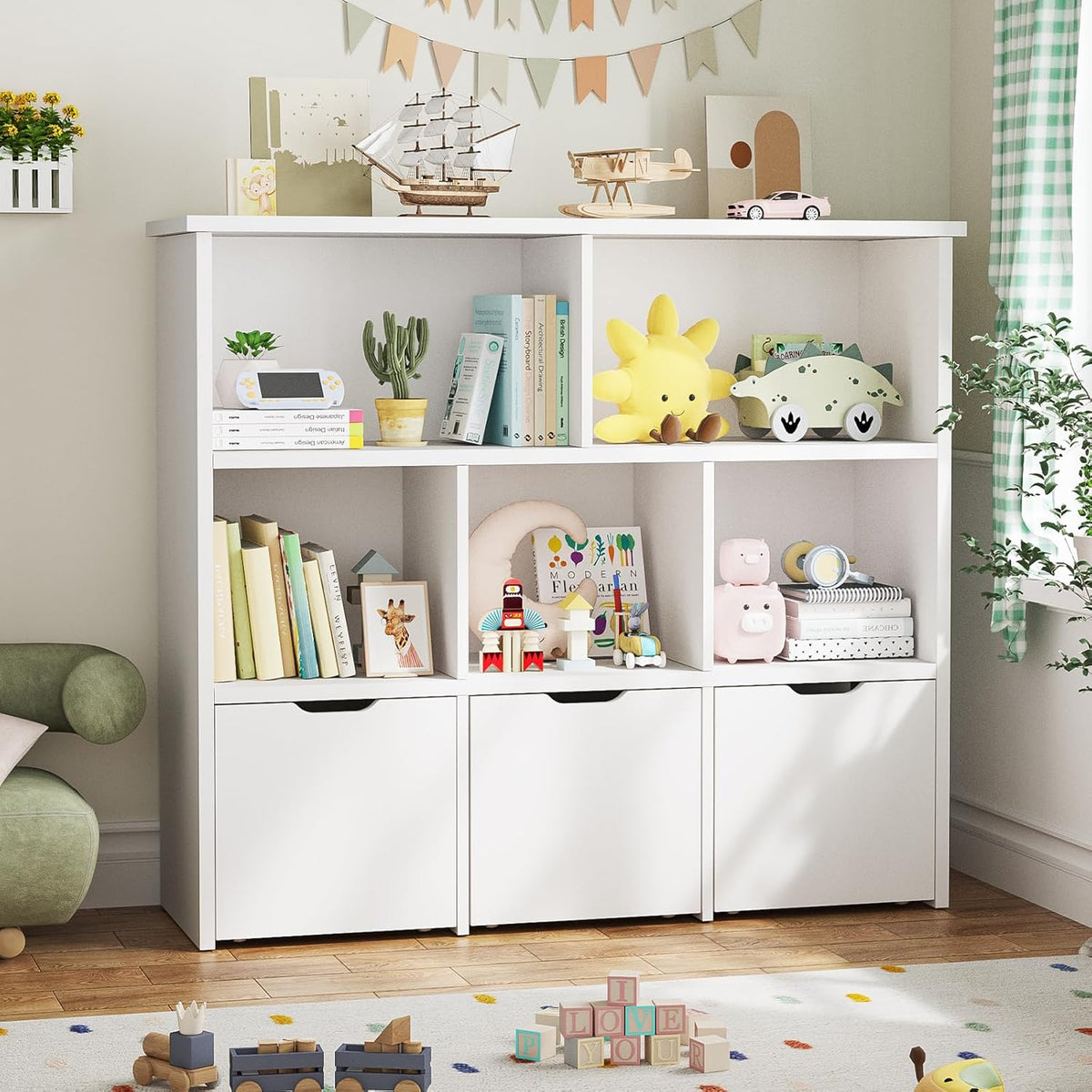 Teckid 2-in-1 Toy Storage Organizer with 5 Cubbies, Bookshelf & 3 Drawers