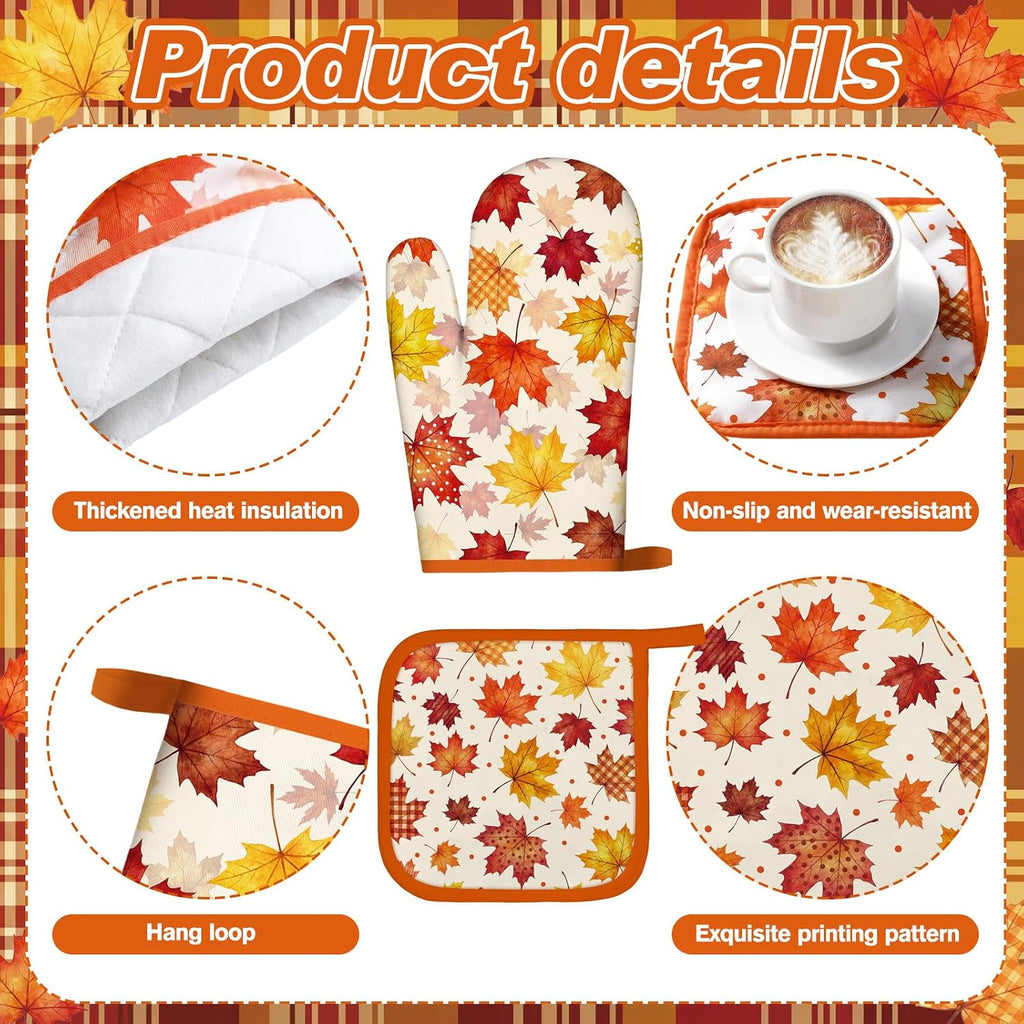 Bencailor 12 Pcs Fall Kitchen Decor Sets 6 Maple Leaves Kitchen Towels 2 Rugs 2 Pot Holder and Oven Mitts for Autumn Home Decorations Accessories Gifts