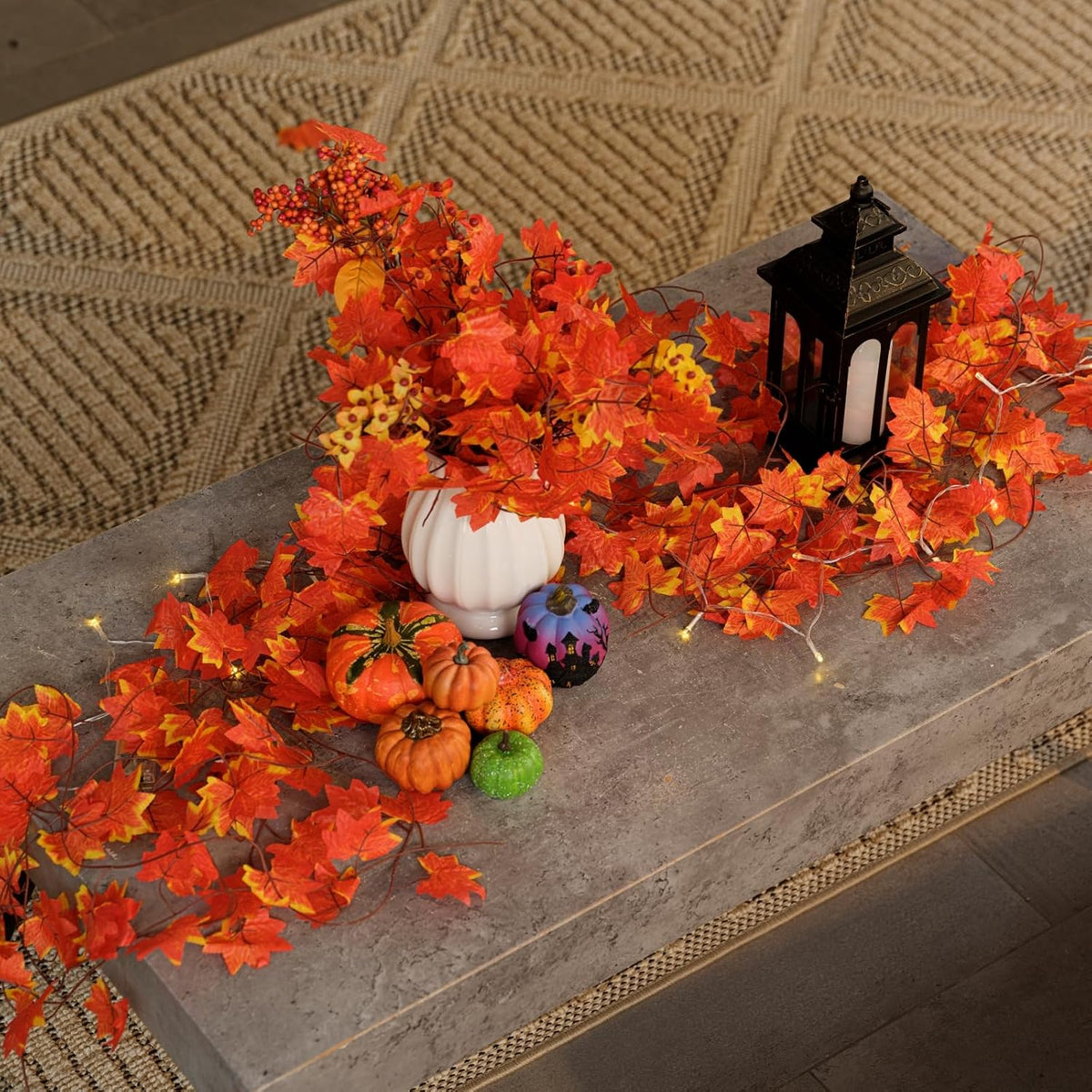 CQURE 12 Pack Fall Leaf Garland, Hanging Vines Garland Artificial Fall Maple Leaves Thanksgiving Decor for Home Wedding Fireplace Party