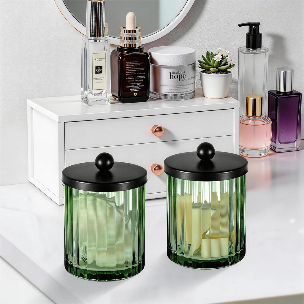 Amolliar Green Glass Apothecary Jar, Qtip Holder for Bathroom(Black 4 Pack)